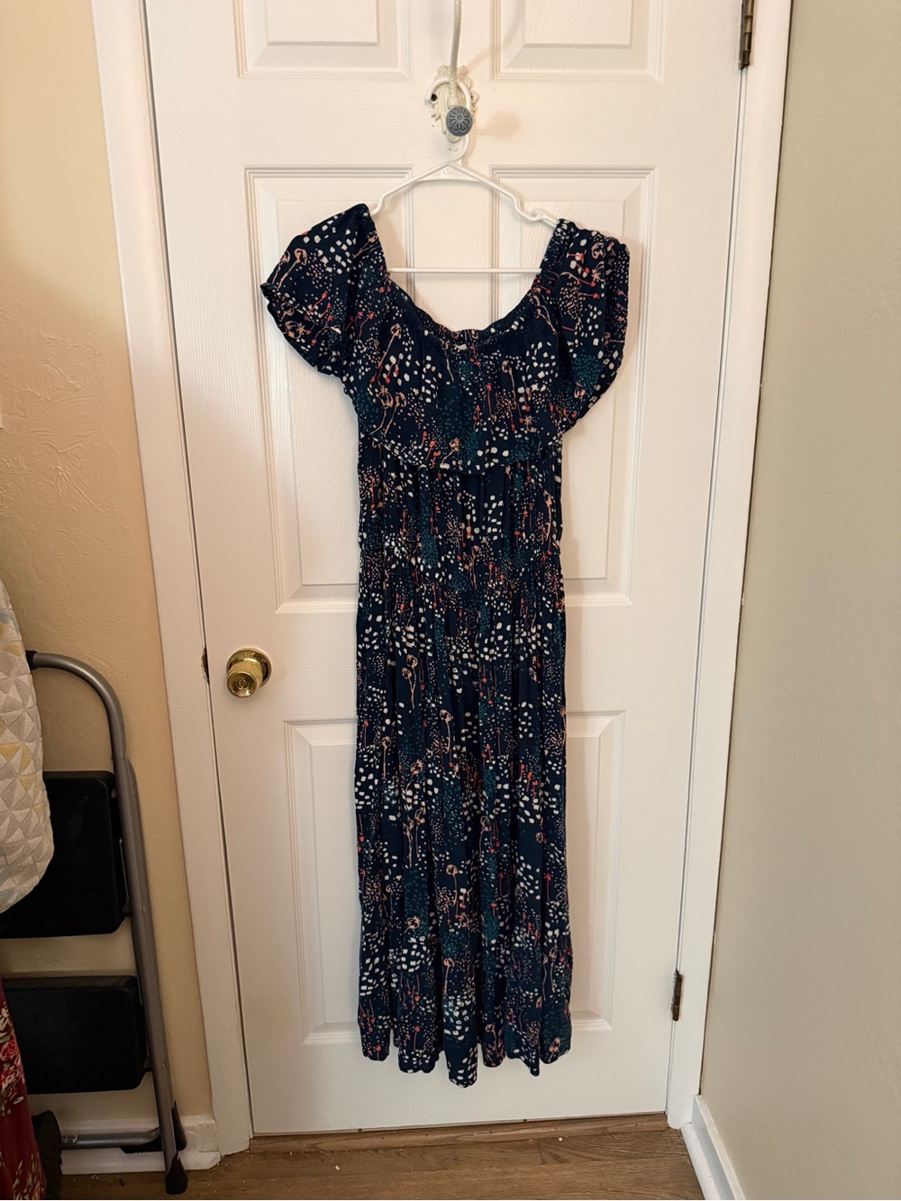 Margaux Riviera Women’s Navy Floral Maxi Dress with Ruffle Shoulders